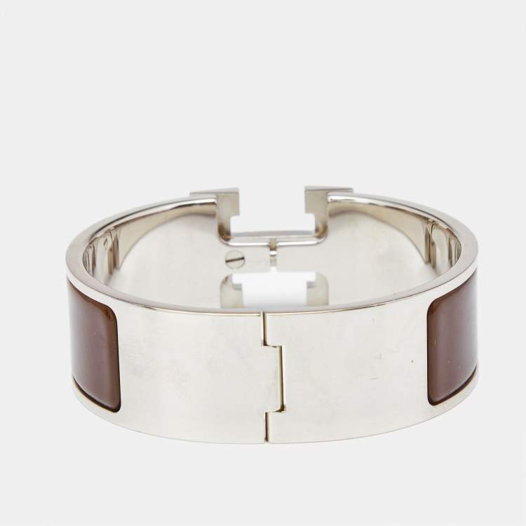 Pre Owned Hermès Clic Clac H Brown Enamel Palladium Plated Bracelet