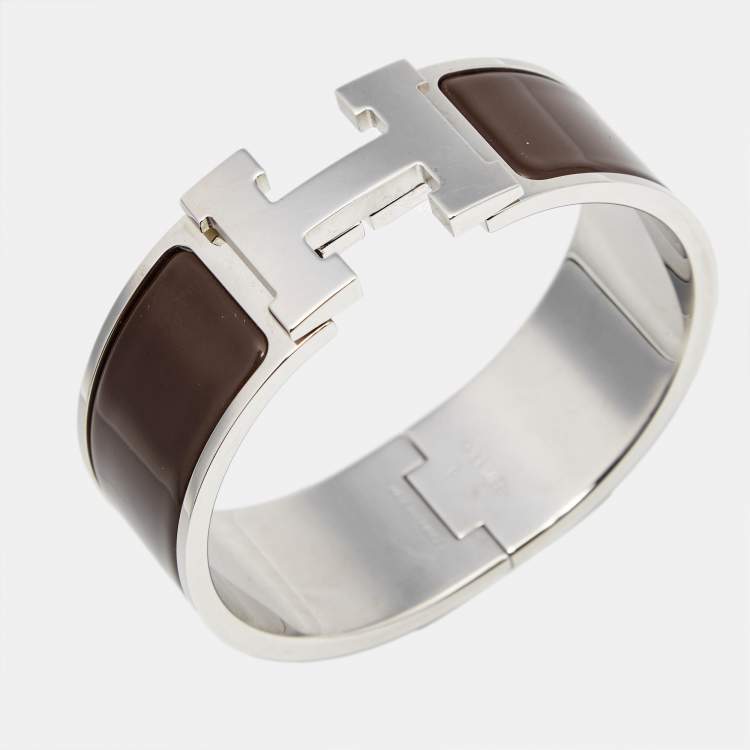 Pre Owned Hermès Clic Clac H Brown Enamel Palladium Plated Bracelet