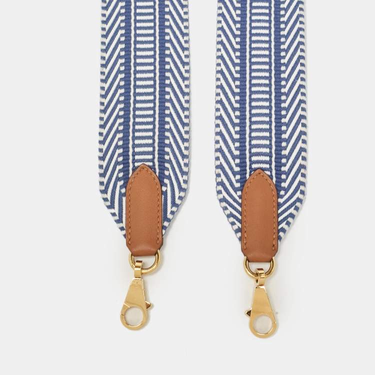 Pre Owned Hermes Ecru/Bleu Brighton/Gold Toile and Swift Leather Sangle Cavale Bag Strap