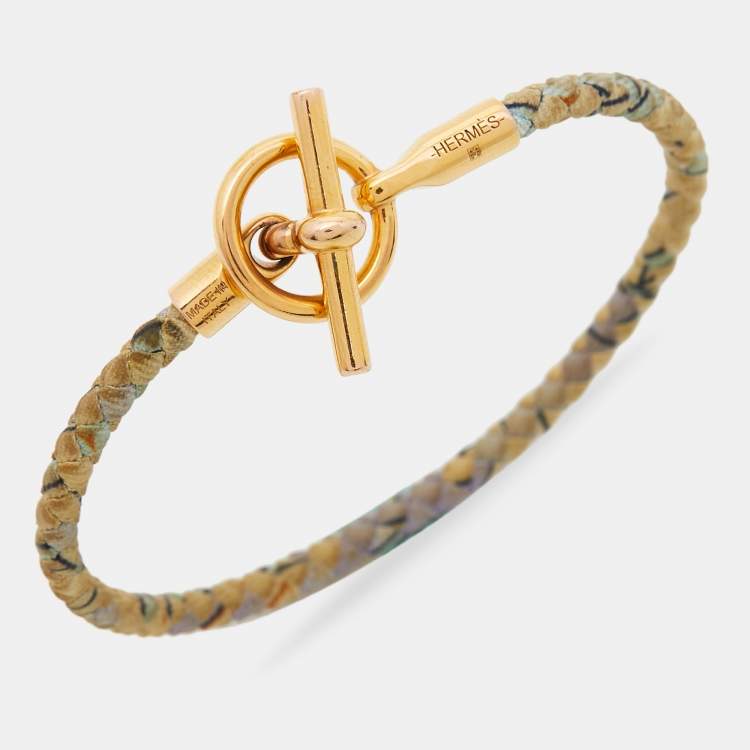 Pre Owned Hermes Glenan Printed Silk Gold Plated Bracelet