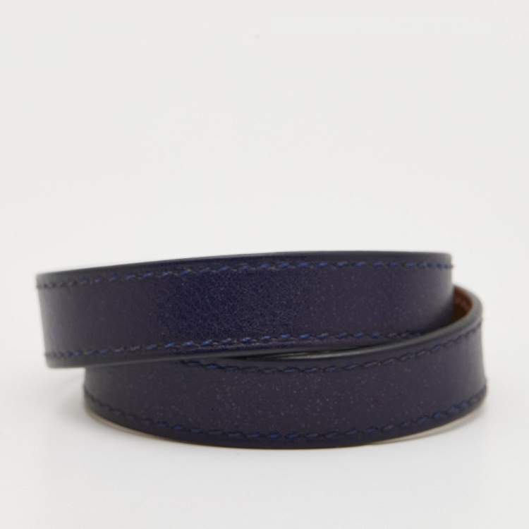 Pre Owned Hermes Kelly Navy Blue Leather Palladium Plated Double Wrap Bracelet