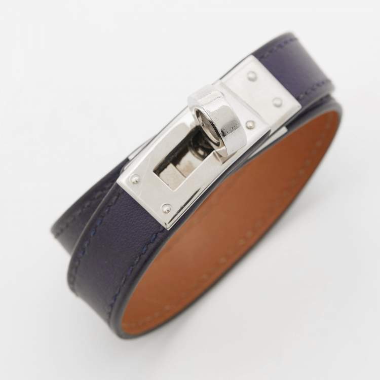 Pre Owned Hermes Kelly Navy Blue Leather Palladium Plated Double Wrap Bracelet