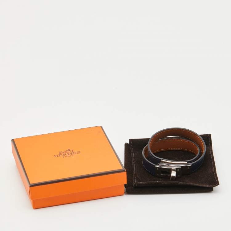 Pre Owned Hermes Kelly Navy Blue Leather Palladium Plated Double Wrap Bracelet