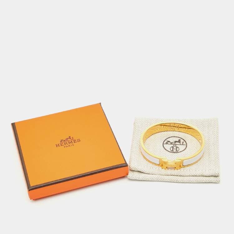 Pre Owned Hermes Clic H  White Enamel Gold Plated Bracelet