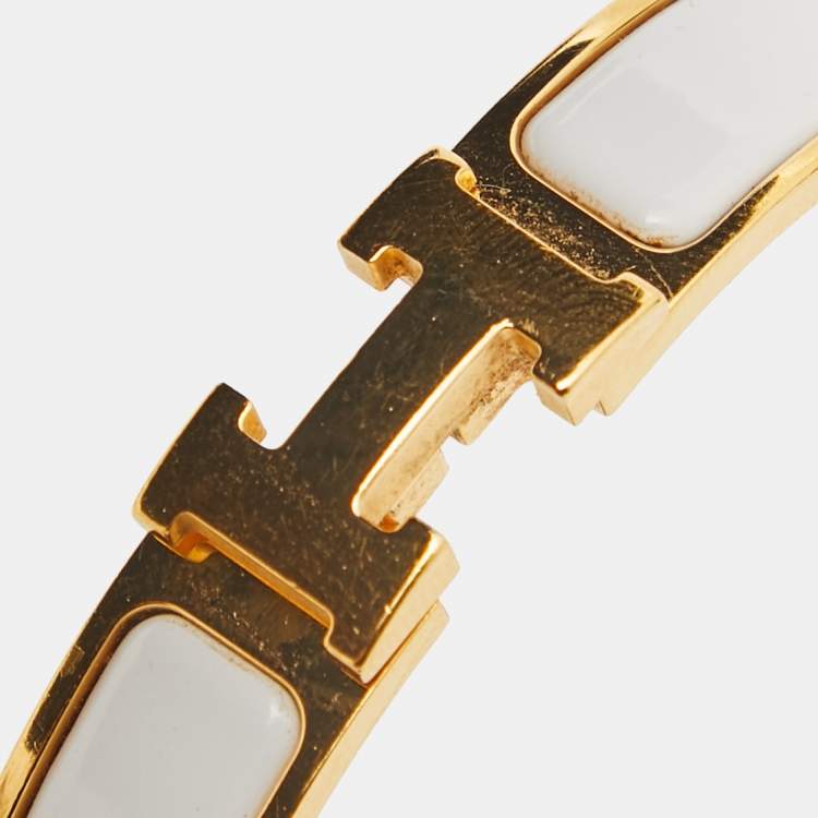 Pre Owned Hermes Clic H  White Enamel Gold Plated Bracelet