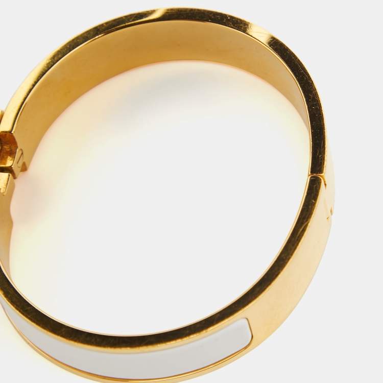 Pre Owned Hermes Clic H  White Enamel Gold Plated Bracelet