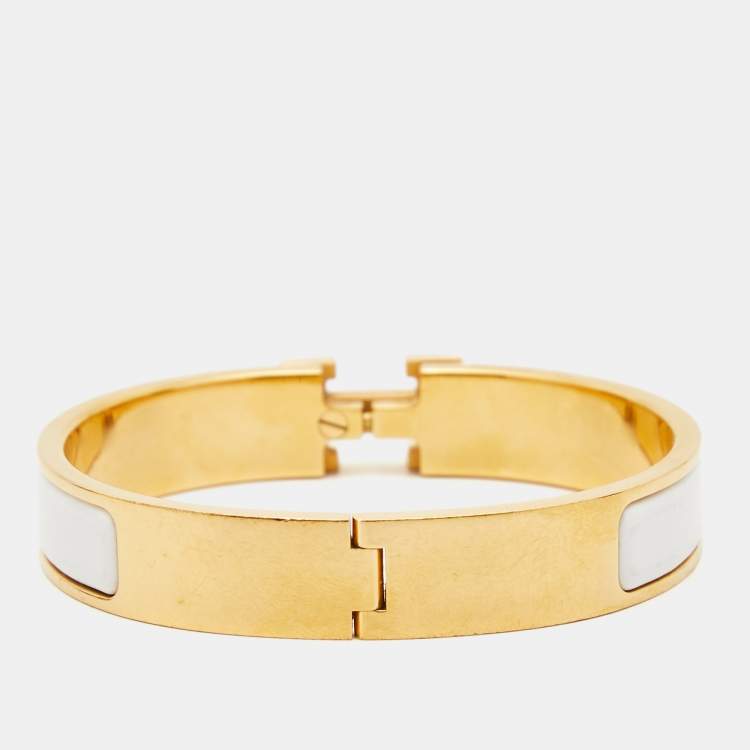 Pre Owned Hermes Clic H  White Enamel Gold Plated Bracelet