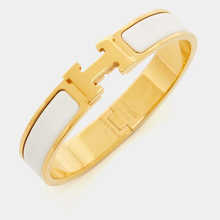 Pre Owned Hermes Clic H  White Enamel Gold Plated Bracelet
