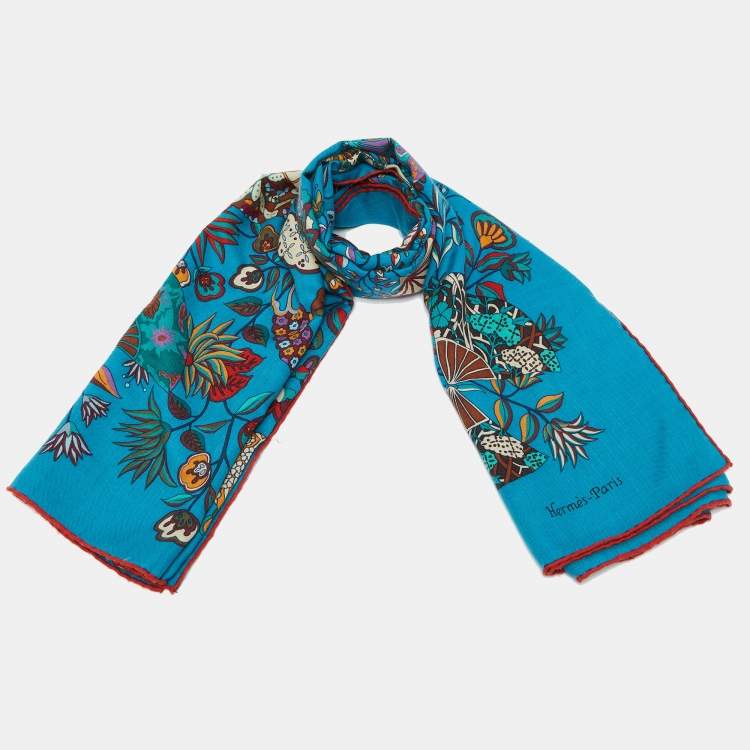Pre Owned Hermès Canard Blue Fleurs et Papillons de Tissus Cashmere & Silk Shawl