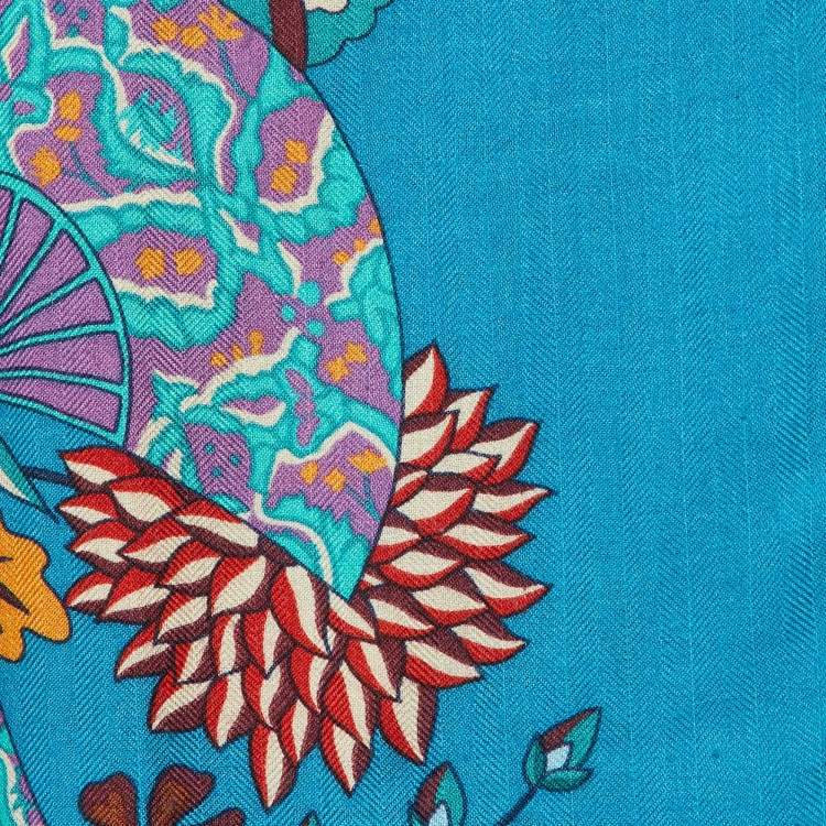 Pre Owned Hermès Canard Blue Fleurs et Papillons de Tissus Cashmere & Silk Shawl