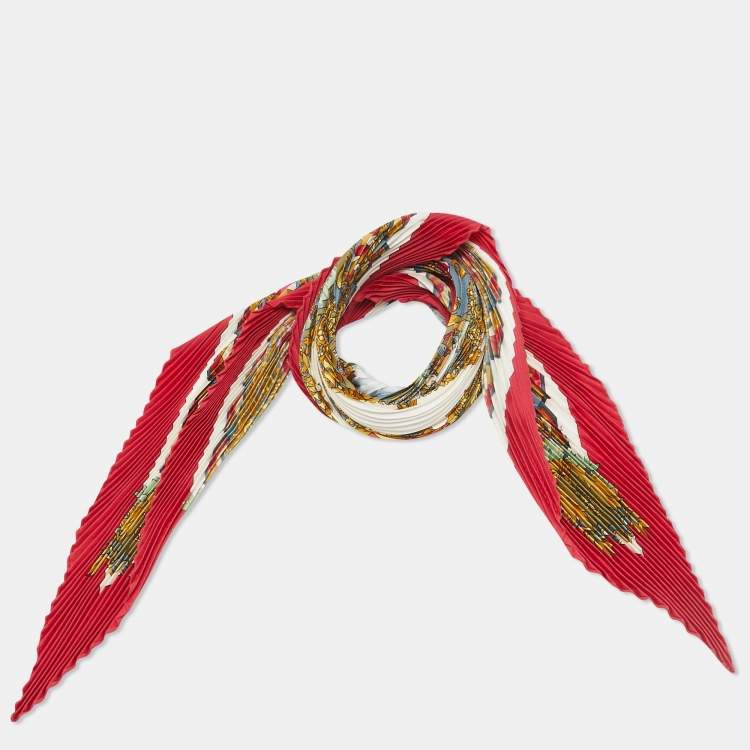 Pre Owned Hermes Red L'Entente Cordiale Silk Plissé Scarf