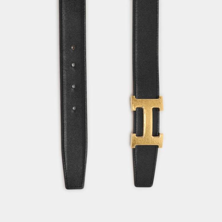 Pre Owned Hermès Black Leather Reversible H Buckle Belt 75CM