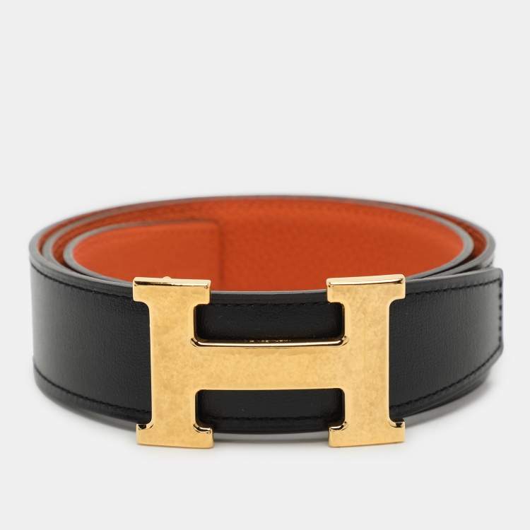 Pre Owned Hermès Black Leather Reversible H Buckle Belt 75CM