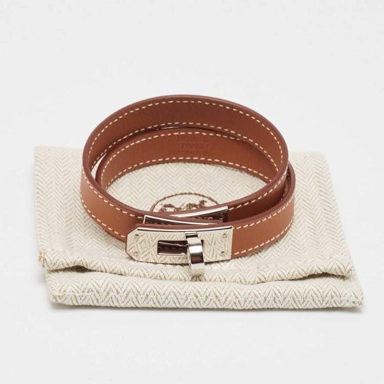 Pre Owned Hermes Kelly Double Tour Leather Palladium Plated Wrap Bracelet