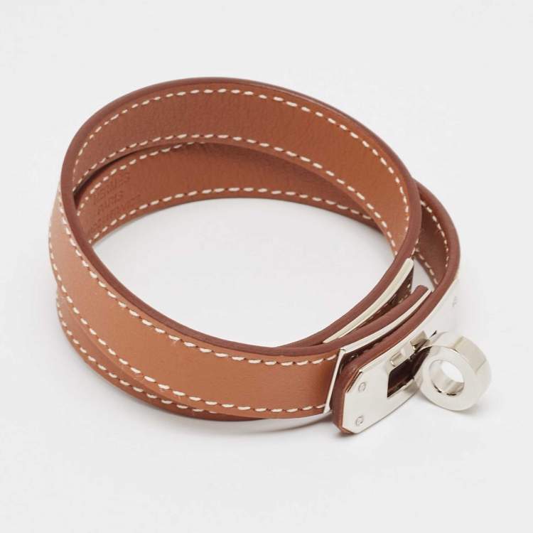Pre Owned Hermes Kelly Double Tour Leather Palladium Plated Wrap Bracelet