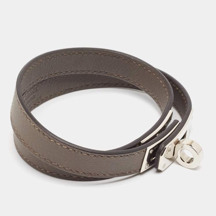 Pre Owned Hermès Kelly Double Tour Leather Palladium Plated Wrap Bracelet