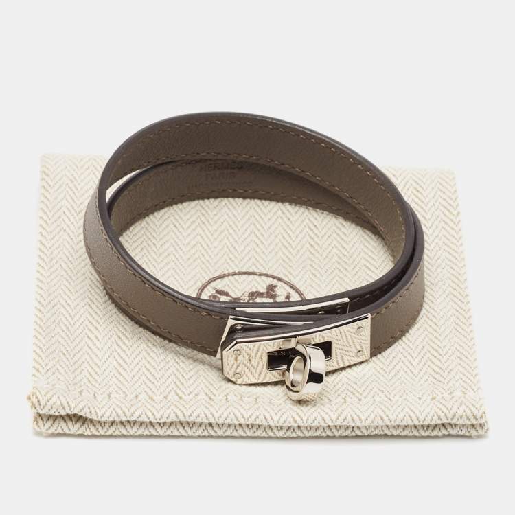 Pre Owned Hermès Kelly Double Tour Leather Palladium Plated Wrap Bracelet