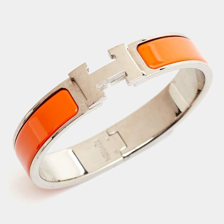 Pre Owned Hermès Clic H Orange Enamel Palladium Plated Bracelet