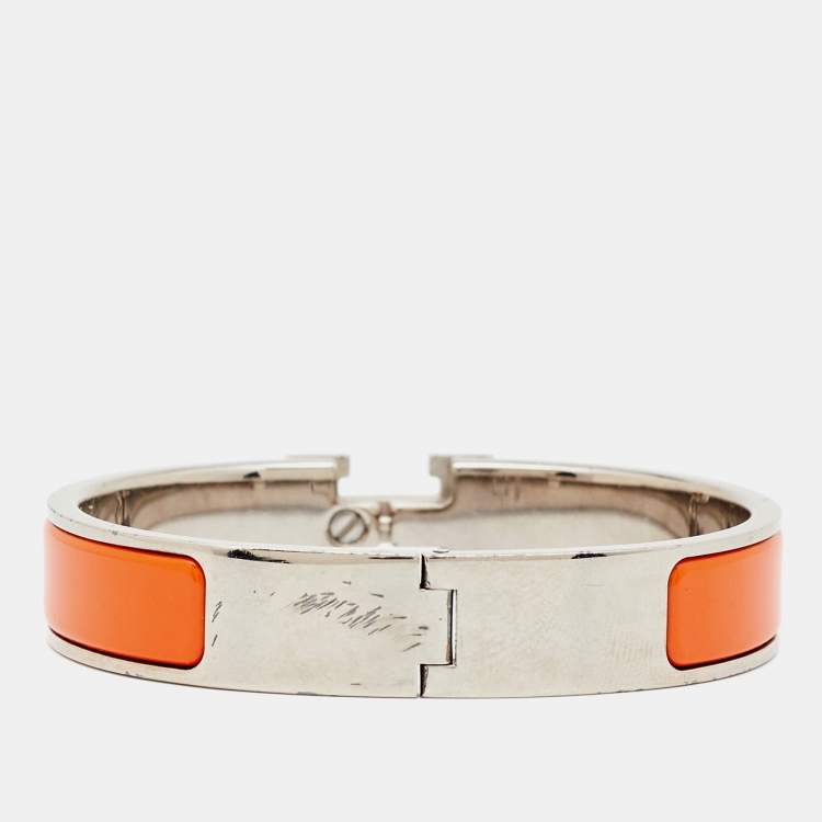 Pre Owned Hermès Clic H Orange Enamel Palladium Plated Bracelet
