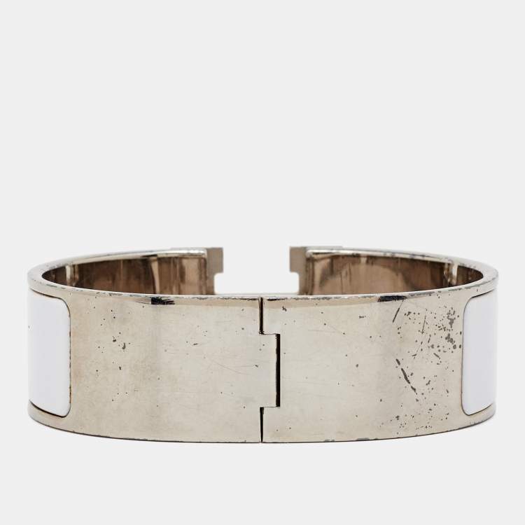 Pre Owned Hermès Clic Clac H White Enamel Palladium Plated Bracelet