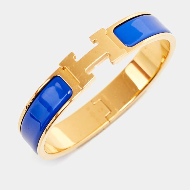Pre Owned Hermès Clic H Blue Enamel Gold Plated Bracelet