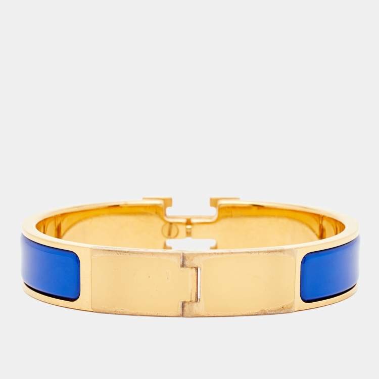 Pre Owned Hermès Clic H Blue Enamel Gold Plated Bracelet