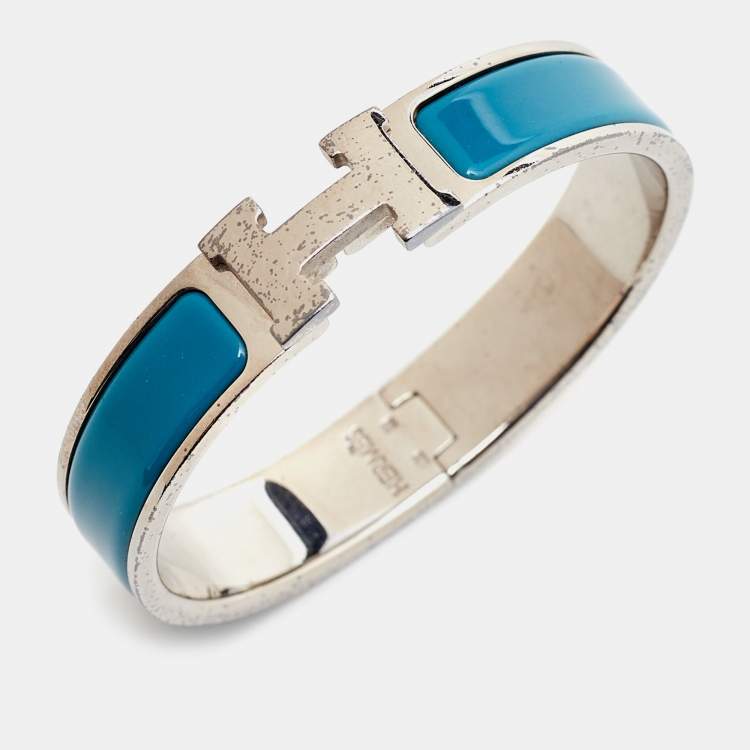Pre Owned Hermès Clic H Blue Enamel Palladium Plated Bracelet