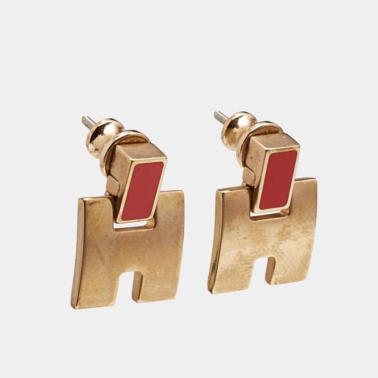 Pre Owned Hermès Eileen Enamel Gold Tone Earrings