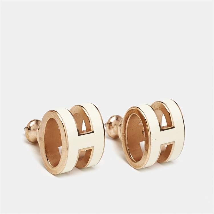 Pre Owned Hermès Pop H White Enamel Gold Plated Stud Earrings