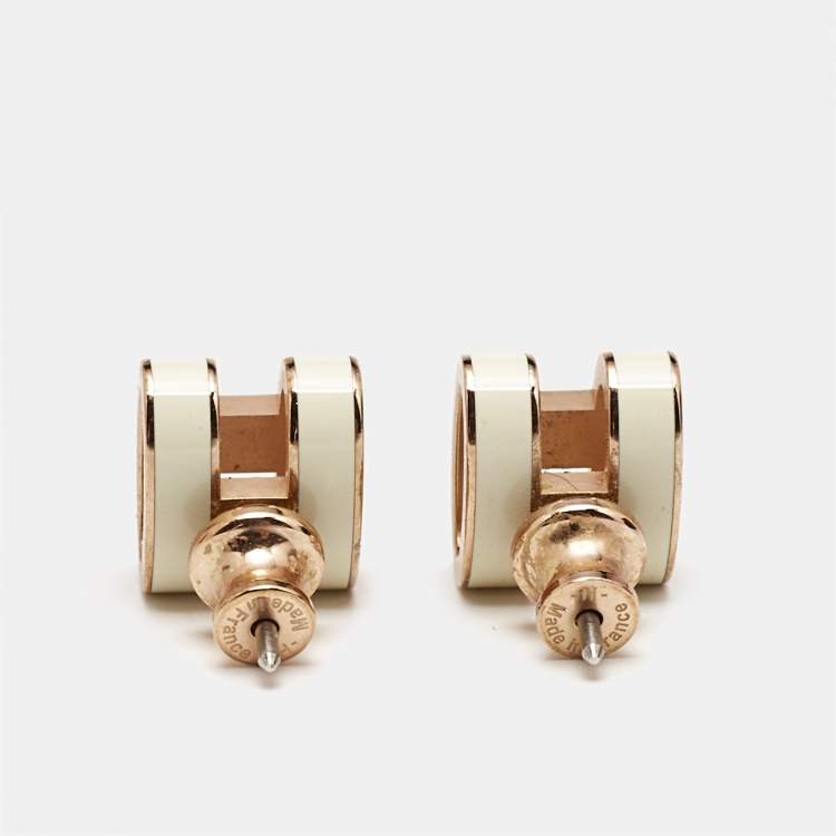 Pre Owned Hermès Pop H White Enamel Gold Plated Stud Earrings