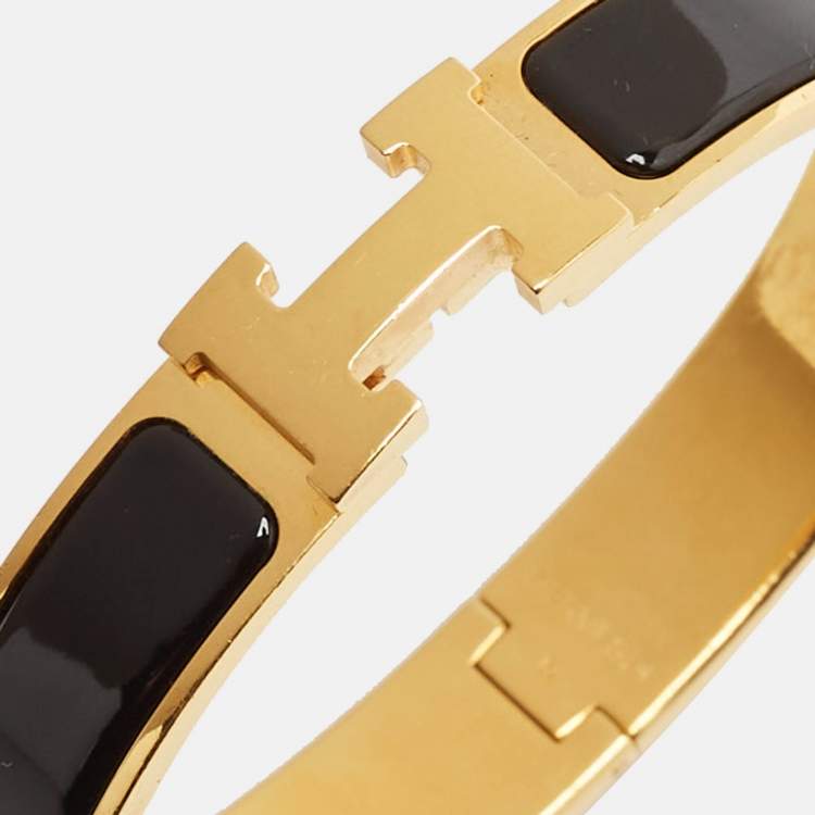 Pre Owned Hermès Clic H Black Enamel Gold Plated Bracelet