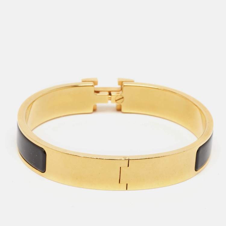 Pre Owned Hermès Clic H Black Enamel Gold Plated Bracelet