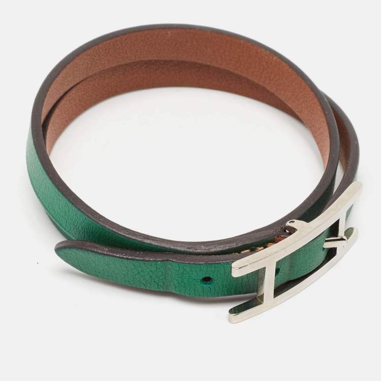 Pre Owned Hermes Behapi Green Leather Palladium Plated Tone Double Tour Bracelet
