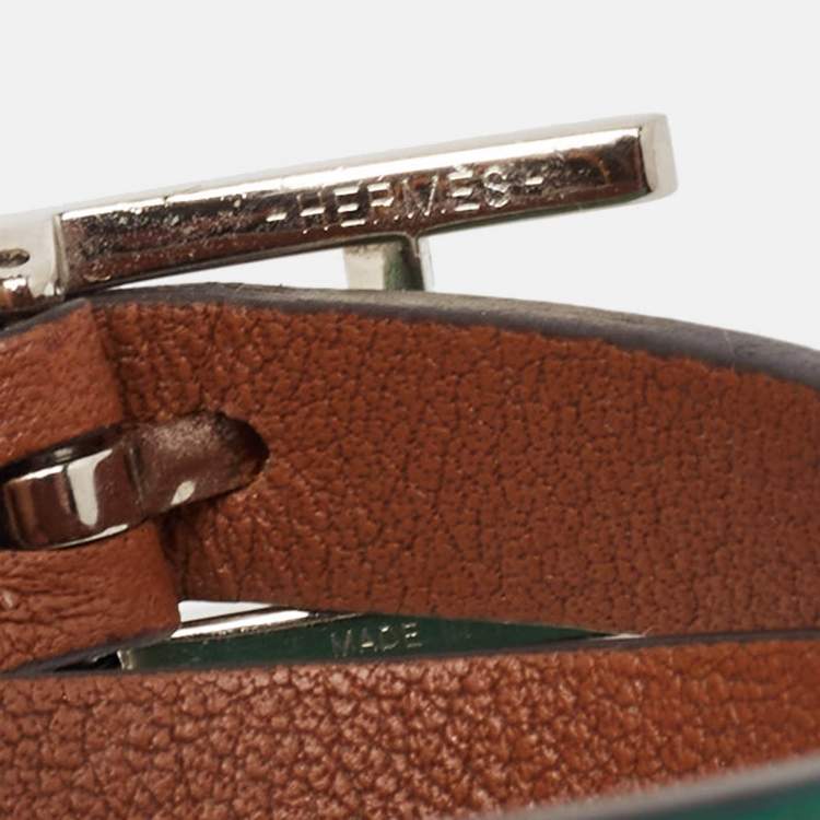 Pre Owned Hermes Behapi Green Leather Palladium Plated Tone Double Tour Bracelet