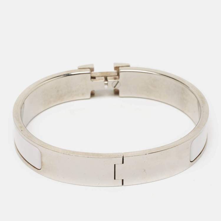 Pre Owned Hermès Clic H White Enamel Palladium Plated Bracelet