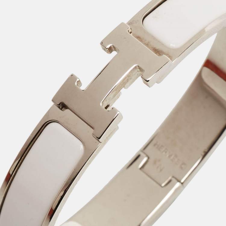 Pre Owned Hermès Clic H White Enamel Palladium Plated Bracelet