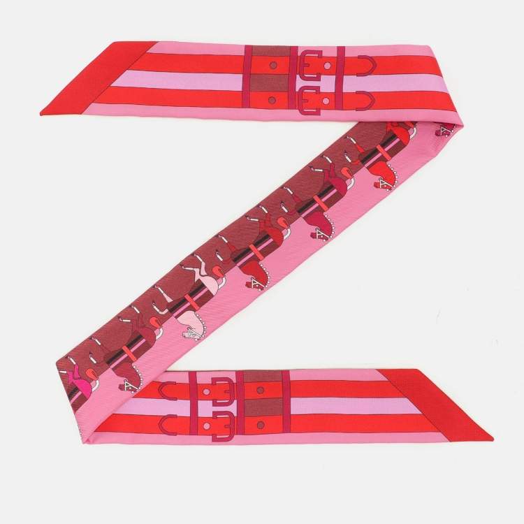 Pre Owned Hermes Red/Pink Printed Silk Rocabar Twilly