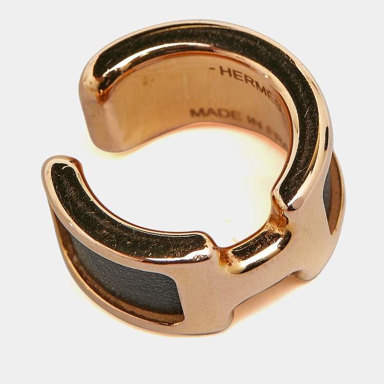 Pre Owned Hermès Olympe Black Leather Gold Plated Small Ear Cuff Ring