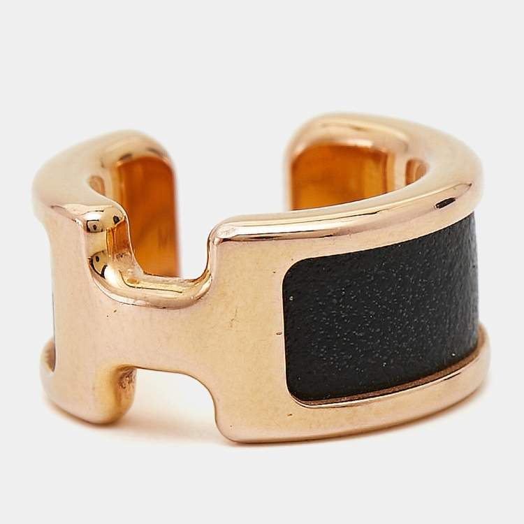 Pre Owned Hermès Olympe Black Leather Gold Plated Small Ear Cuff Ring