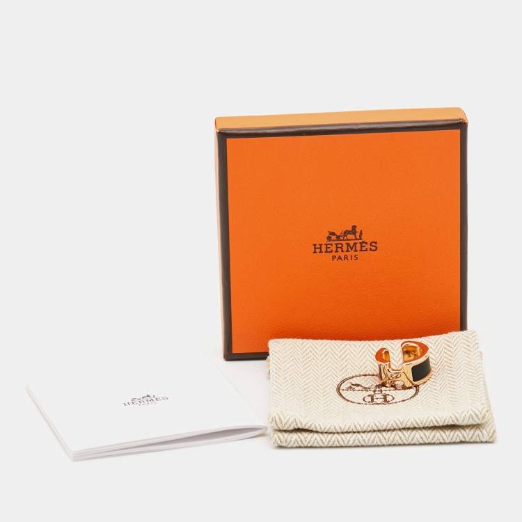 Pre Owned Hermès Olympe Black Leather Gold Plated Small Ear Cuff Ring