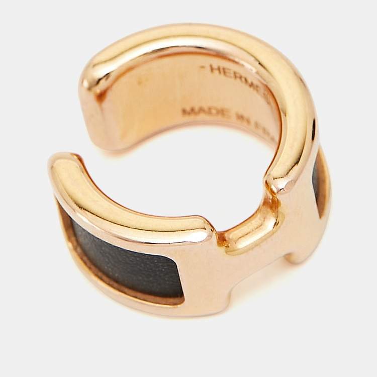 Pre Owned Hermès Olympe Black Leather Gold Plated Small Ear Cuff Ring