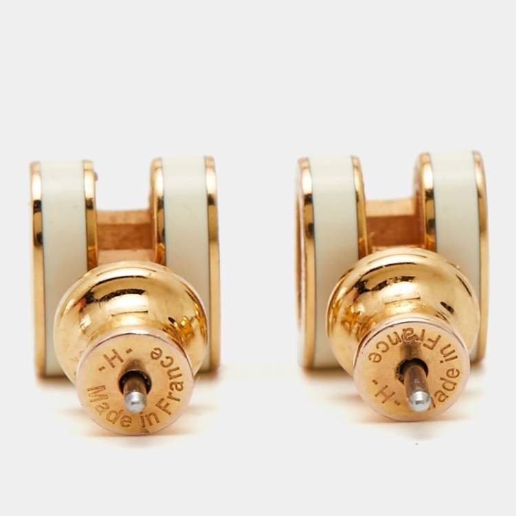 Pre Owned Hermès Mini Pop H White Enamel Gold Plated Earrings