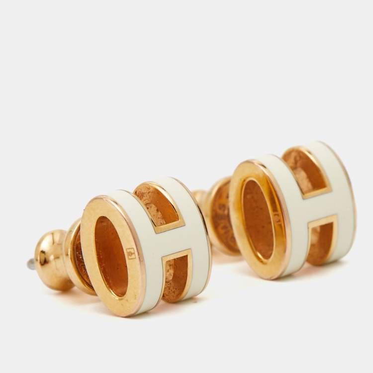 Pre Owned Hermès Mini Pop H White Enamel Gold Plated Earrings