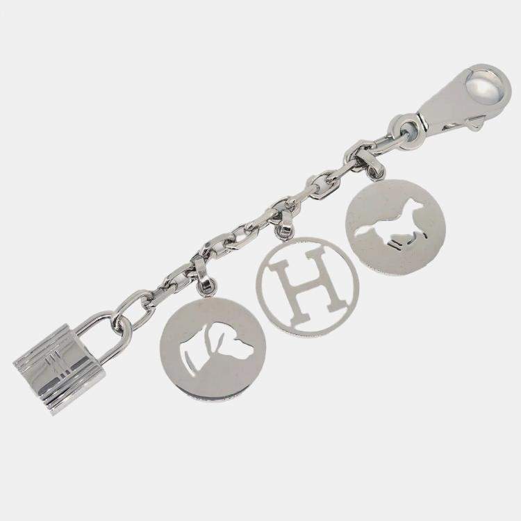 Hermes Silver Amulet Bull Lock Key Holder Bag Charm Small Good