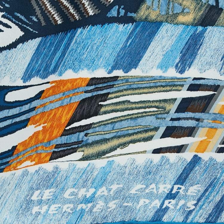 Pre Owned Hermès Blue Silk Blanc Le Chat Carre Scarf