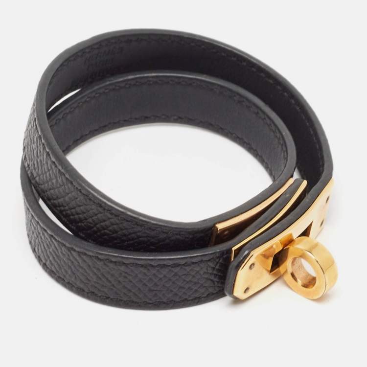 Pre Owned Hermès Kelly Double Tour Leather Gold Plated Wrap Bracelet