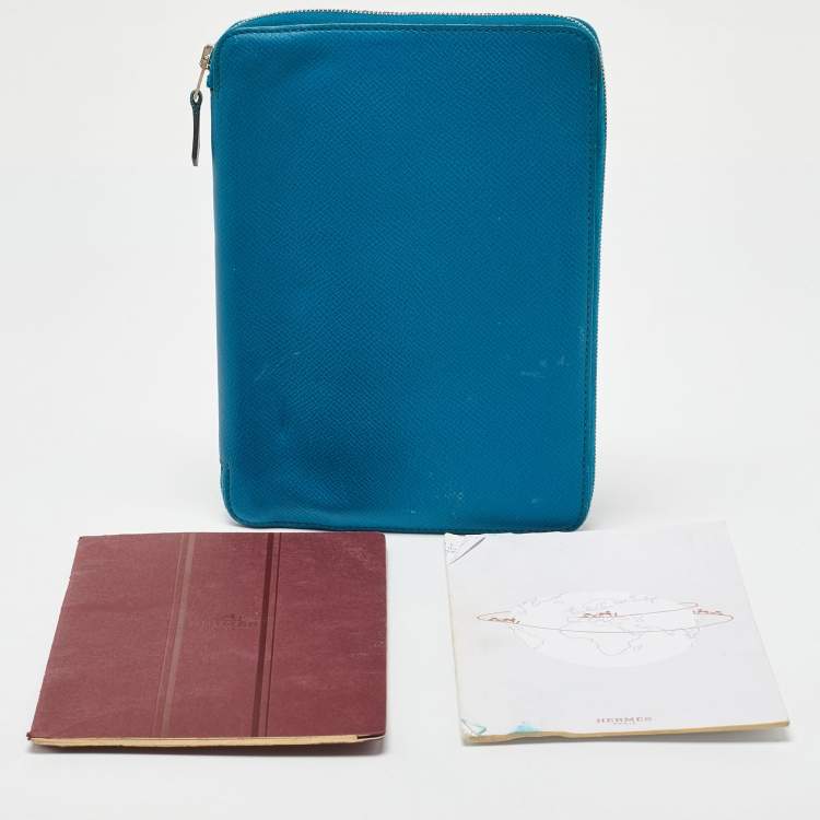 Pre Owned Hermès Blue Izmir Epsom Leather Globe Trotter Zip Agenda Planner