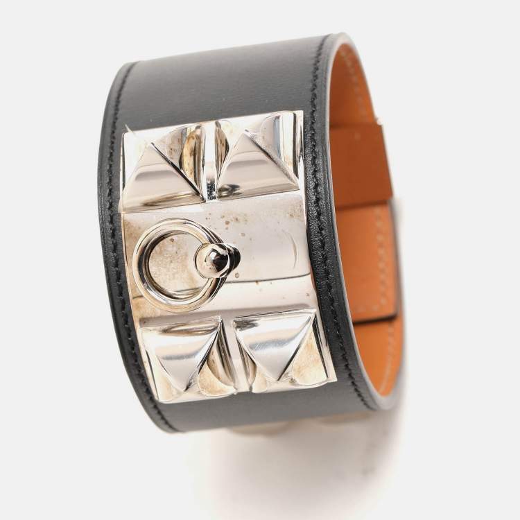 Pre Owned Hermes Black Leather Collier De Chien Palladium Plated Wide Bracelet L