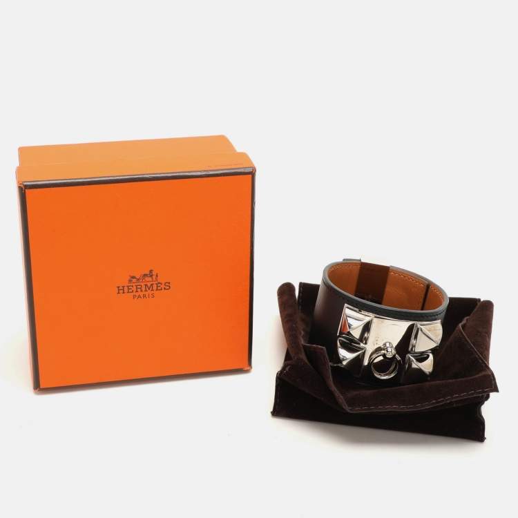 Pre Owned Hermes Black Leather Collier De Chien Palladium Plated Wide Bracelet L