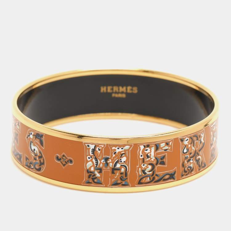 Pre Owned Hermes Brown Alphabet Russe Enamel Gold Plated Wide Bangle Bracelet